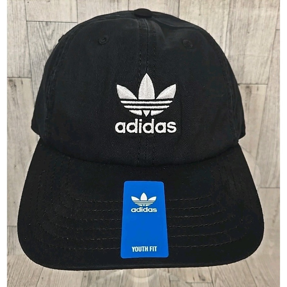 Adidas Adjustable Hat YOUTH Baseball Cap Black Washed Logo NEW